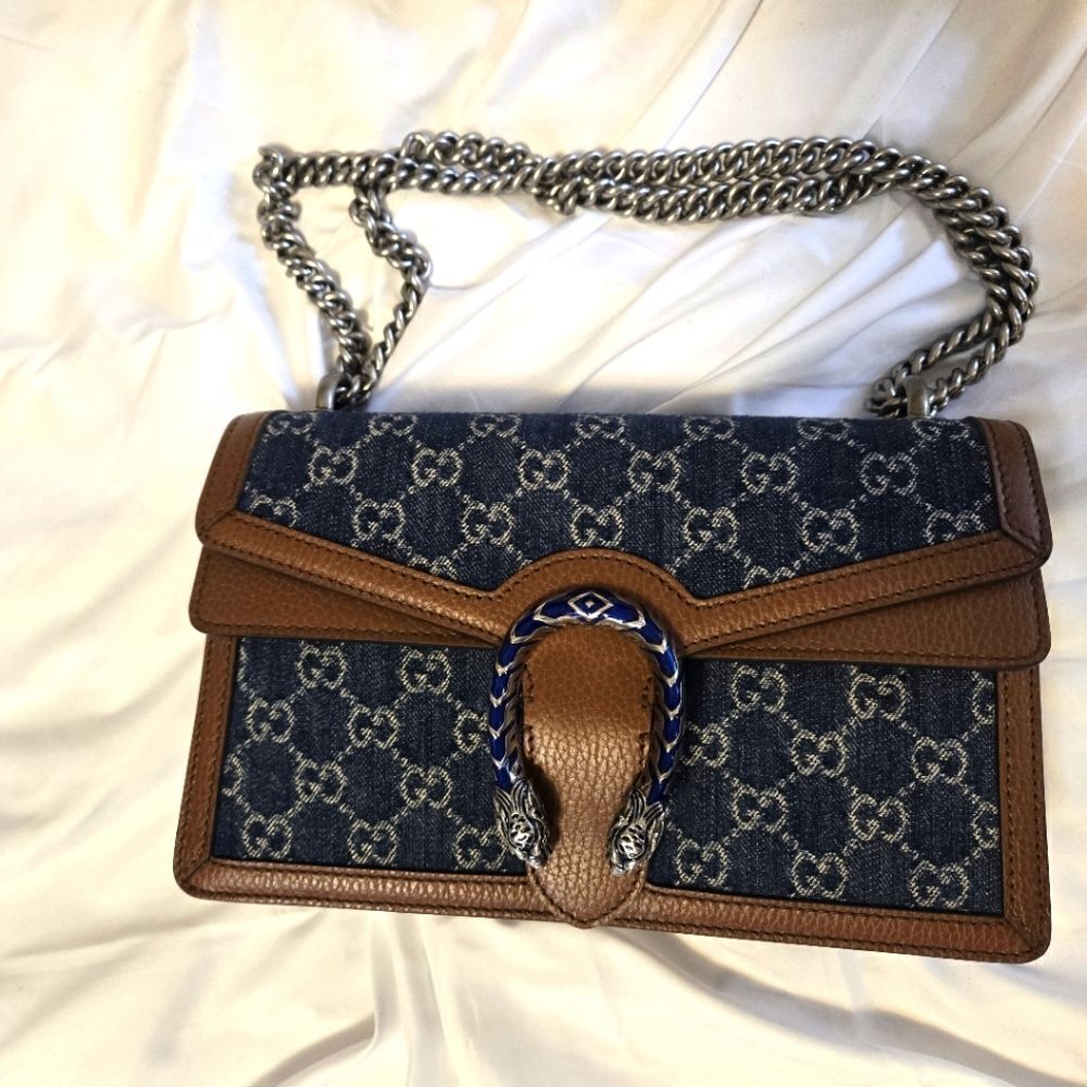 GUCCI Dionysus GG Denim Shoulder Bag Blue Brown Shoulder Chain - Picture 2 of 16